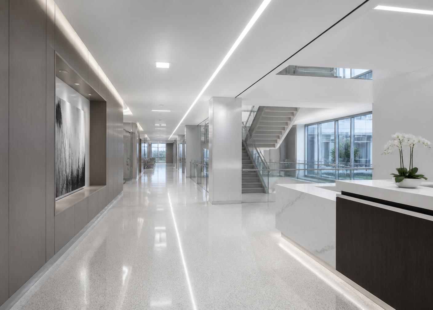 Clean healthcare facility corridor with polished terrazzo floor
