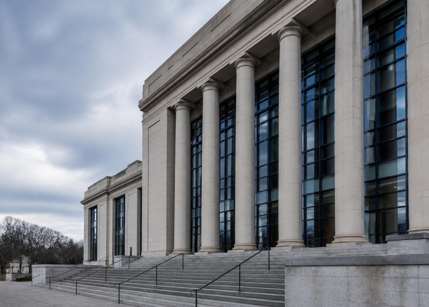 Civic government building facade with stone columns